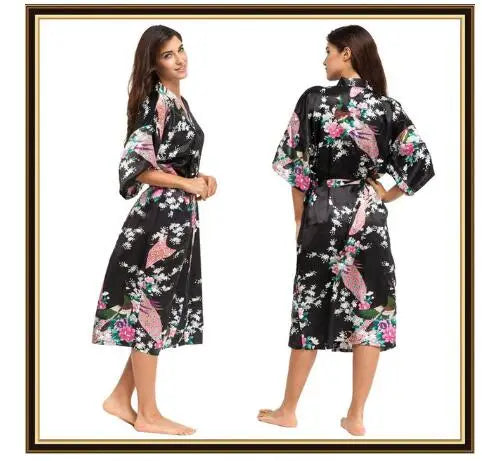 Half Sleeve Loose Style Woman Japanese Kimono Satin Silk Sleepwear Pajamas Peacock Spa Yukata Bathing Robe Lady's Long Dress