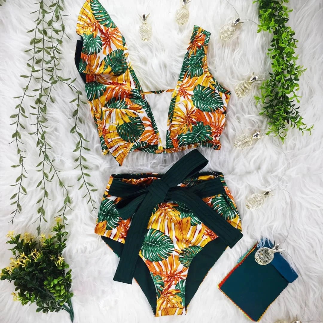 2026 High Waist Bandage Bikini Set For Women Floral Printed Ruffle Bikinis Push Up Strappy Brazilian Biquini Swimwear Swimsuit