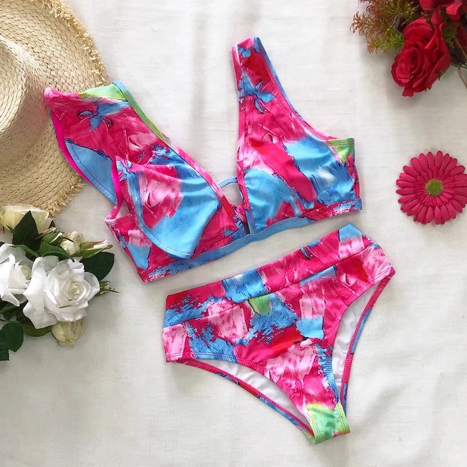 2026 High Waist Bandage Bikini Set For Women Floral Printed Ruffle Bikinis Push Up Strappy Brazilian Biquini Swimwear Swimsuit