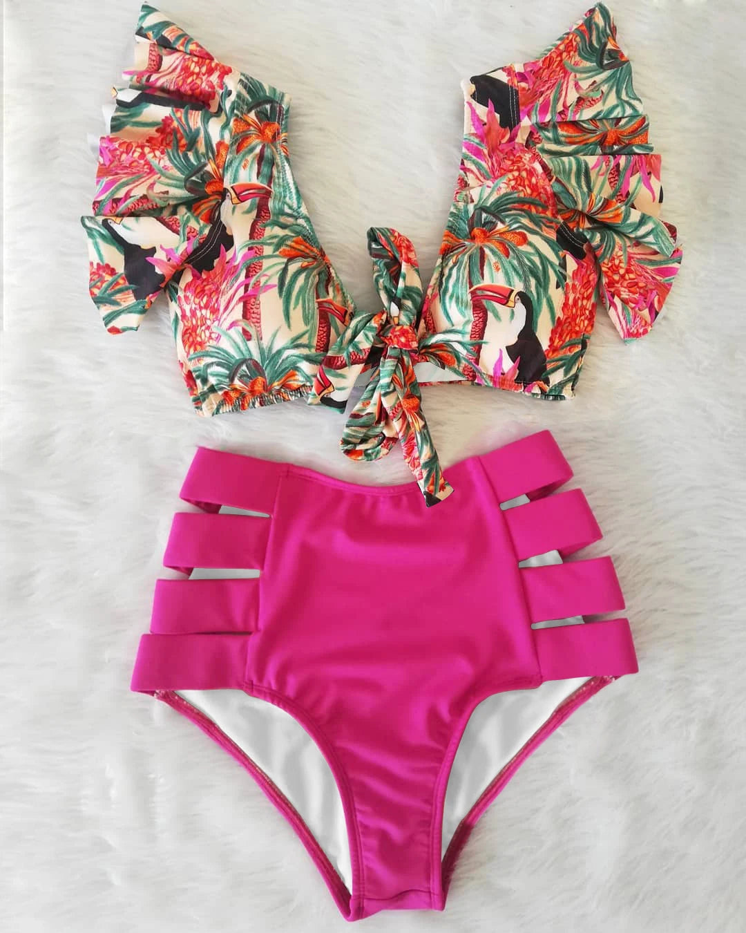 2026 High Waist Bandage Bikini Set For Women Floral Printed Ruffle Bikinis Push Up Strappy Brazilian Biquini Swimwear Swimsuit