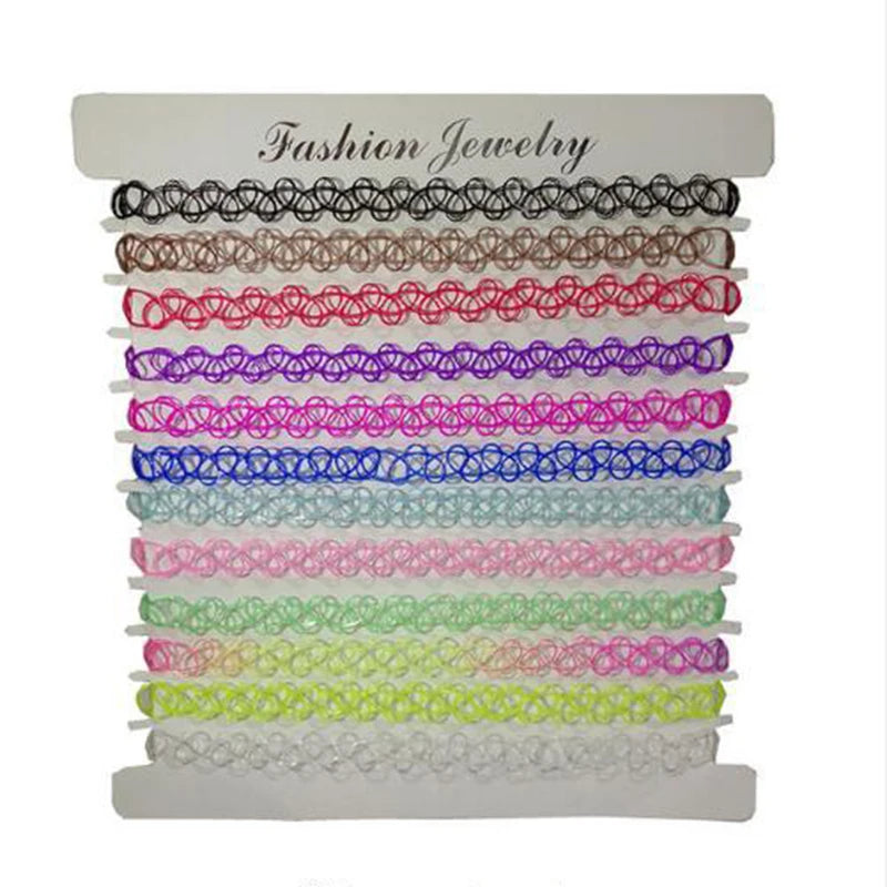 Choker Tattoo Necklace for Girls Gothic Chokers Necklaces for Women Elastic Hollow Punk Jewellery 12 pcs/Set