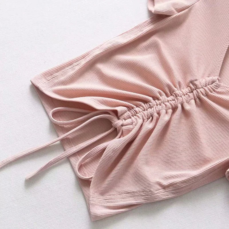 Sexy V Neck Cropped Tank Tops Women Drawstring Tie Up Front Camis Candy Colors Streetwear Slim Fit Ribbed Crop Top