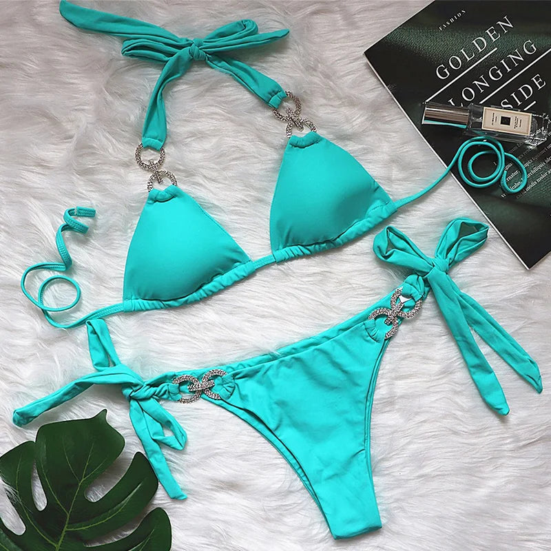 2025 Shiny Rhinestone Diamond Bikini Women Swimsuit Female Swimwear Two Pieces Bikini Set Halter Bathing Suit Swim Beach Wear