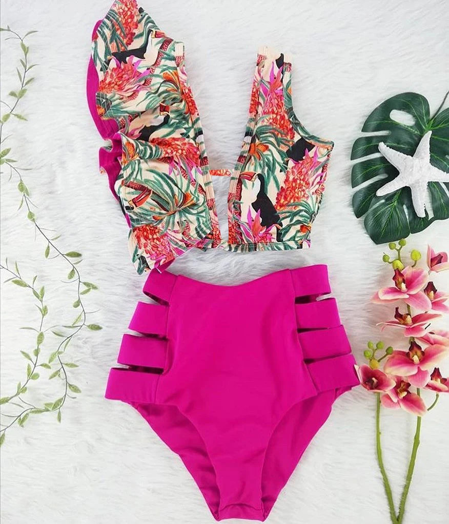 2026 High Waist Bandage Bikini Set For Women Floral Printed Ruffle Bikinis Push Up Strappy Brazilian Biquini Swimwear Swimsuit