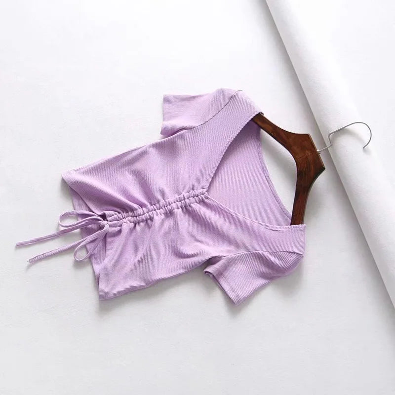 Sexy V Neck Cropped Tank Tops Women Drawstring Tie Up Front Camis Candy Colors Streetwear Slim Fit Ribbed Crop Top