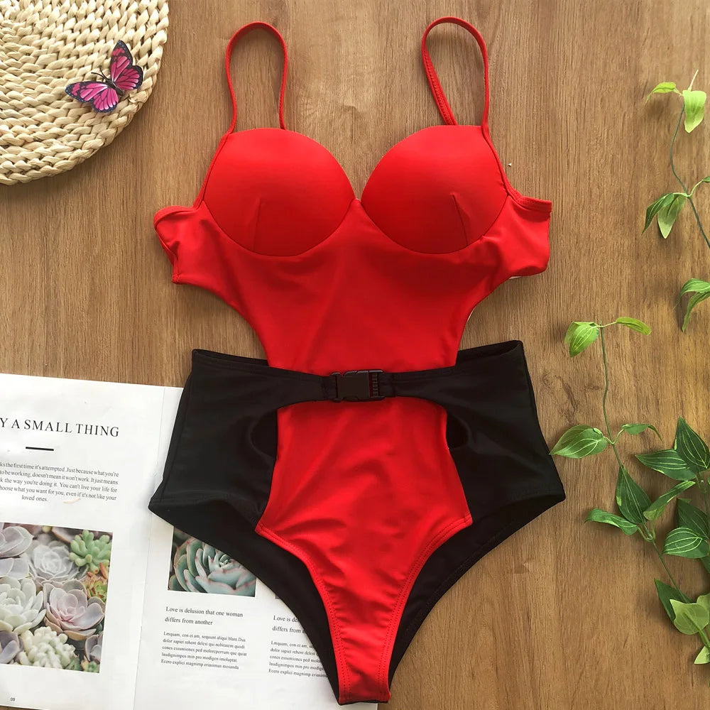 Vigoshely 2025 Sexy Push Up Swimwear Women Retro One Piece Swimsuit Female High Waist Belt Monokini Hollowed Bathing Suit Swim
