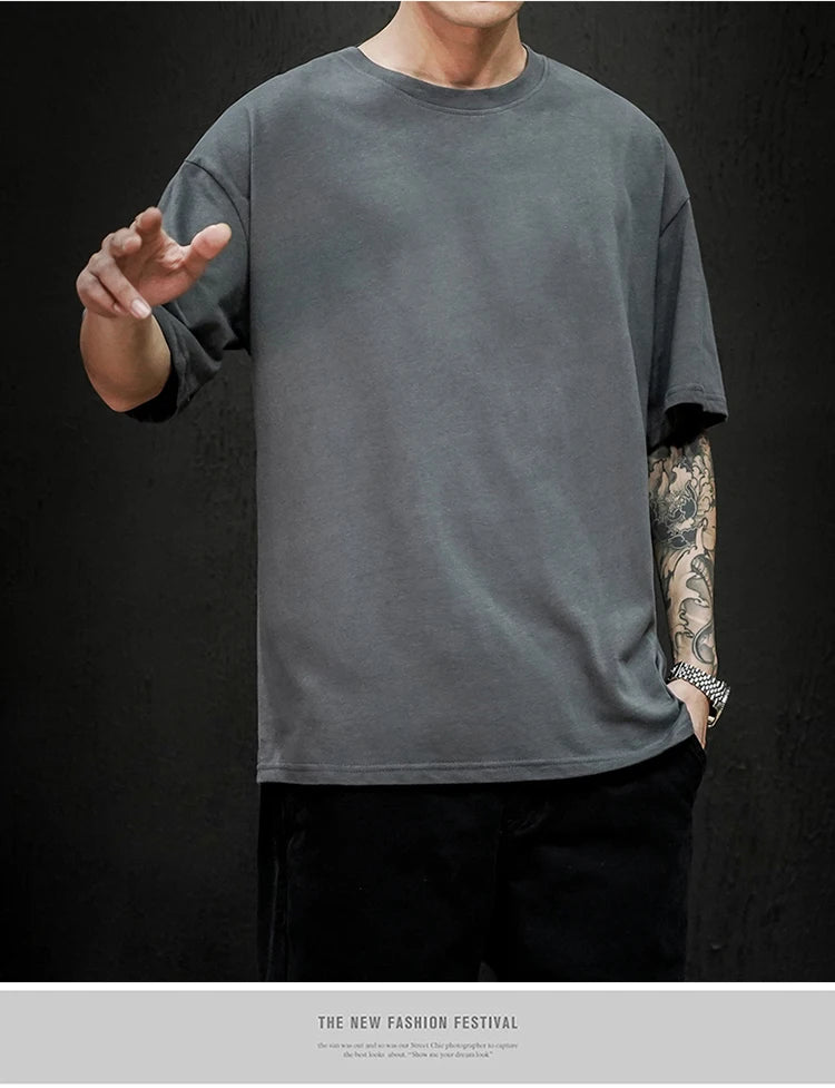 New Summer Men's T Shirt Fashion Solid T Shirt Mens Oversized Hip Hop Short Sleeve Casual Cotton Mens Streetwear Top Tees