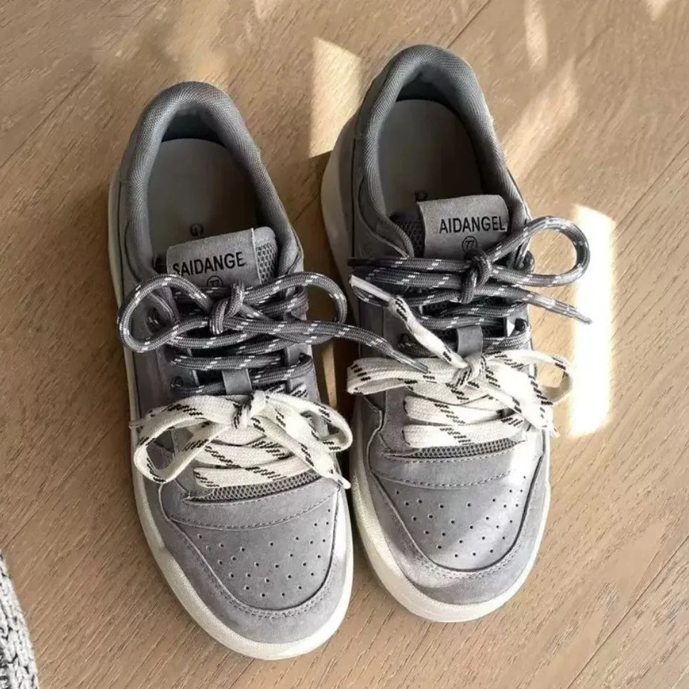 Women Korean Style Lace up Board Shoes 2026 Spring Super Popular Thick Sole Versatile Student Daily Casual White Sneakers