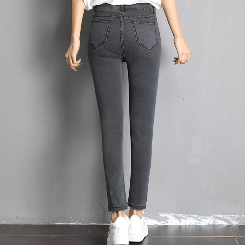 Jeans for Women mom Jeans blue gray black Woman High Elastic 36 38 40 Stretch Jeans female washed skinny pencil pants