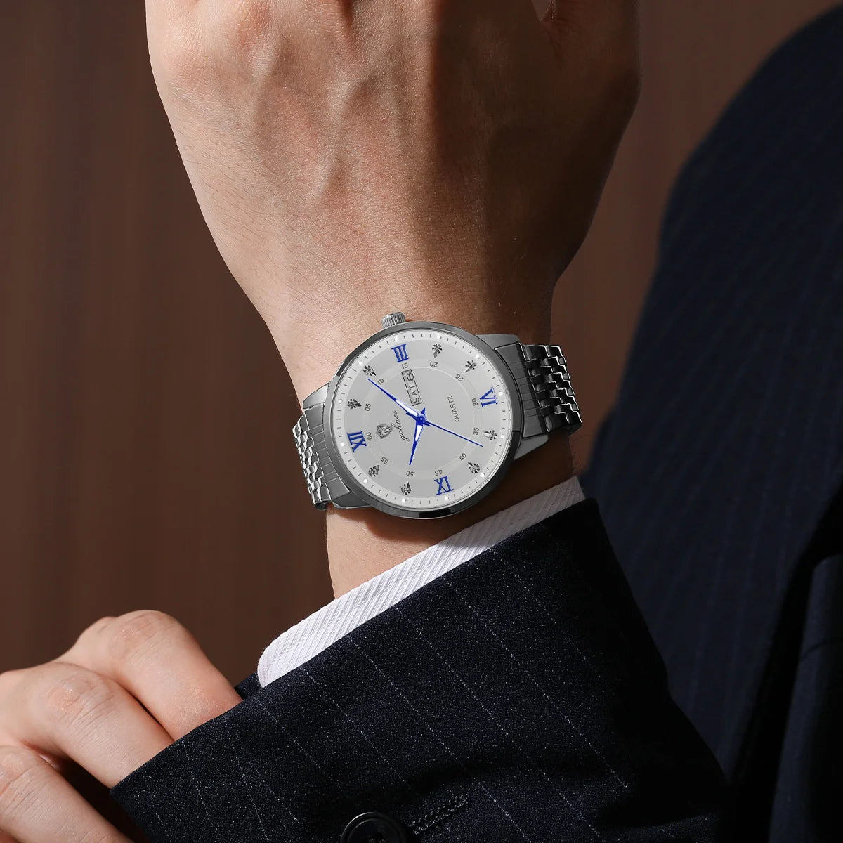 US Local Stock Gohuos 8806 Stainless Steel Quartz Men Watches Date Week Display Luminous Hands 30M Waterproof Wristwatch Reloj