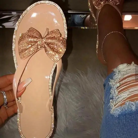 2024 Spring/Summer New Large Size Flip Flops Women Bow Knot Rhinestones Outdoor Leisure Beach Flat Home Sandals/Slippers