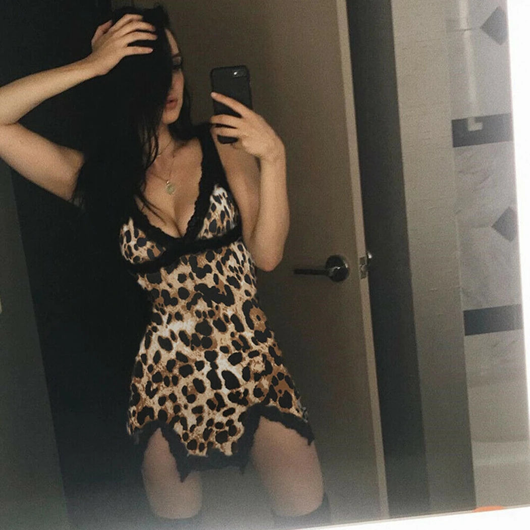 Sexy Hot Women Leopard Printed Lace Night Dress Lingerie V Neck Night Gown Summer Sleepwear Spaghetti Strap Nighty Sleep Wear