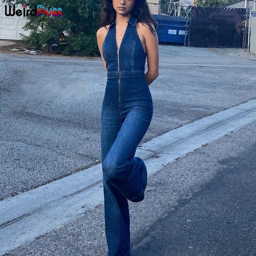Weird Puss Cotton Elegant Denim Jumpsuit Women Sleeveless Zipper Fashion Hipster Casual High Street Wide Legs Activewear Outfits