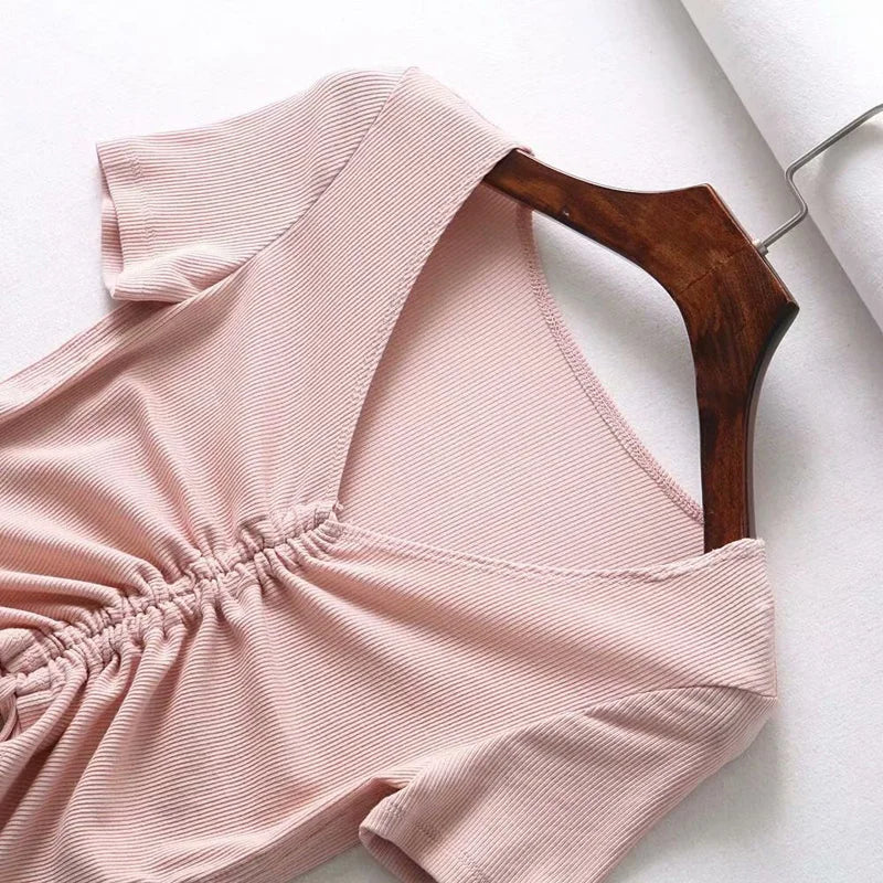 Sexy V Neck Cropped Tank Tops Women Drawstring Tie Up Front Camis Candy Colors Streetwear Slim Fit Ribbed Crop Top