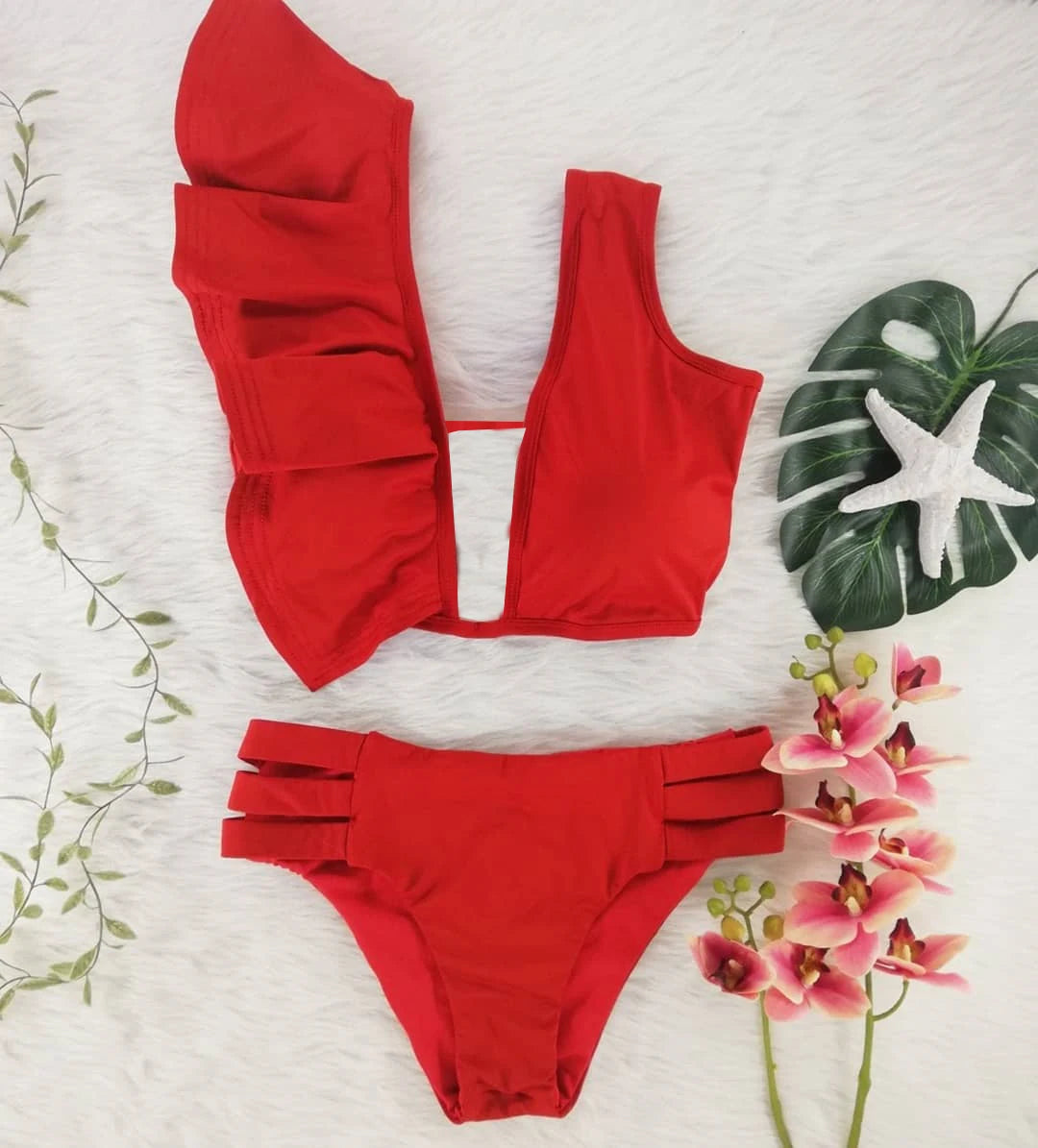 2026 High Waist Bandage Bikini Set For Women Floral Printed Ruffle Bikinis Push Up Strappy Brazilian Biquini Swimwear Swimsuit