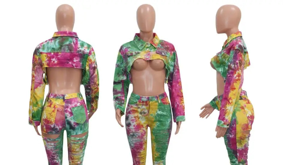 CM.YAYA Autumn Tie Dye Women Long Sleeve Mini jeans Coat Fashion Lady Jackets