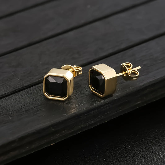USA Warehouse Square CZ Stud Earrings Cubic Zirconia 14K Gold Plated Hip Hop Jewelry Women Bling Men 7MM Iced Out Black Earring