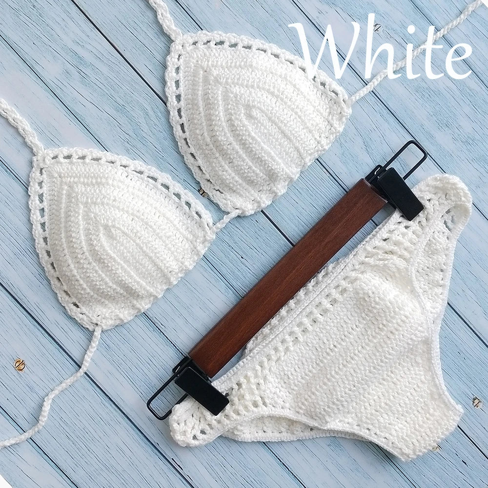 Have Lining Chest Pad Micro Bikini Set Women Crochet Sexy Swimsuit Solid Bikini Backless Swimwear Low Waist Bathing Suit Female
