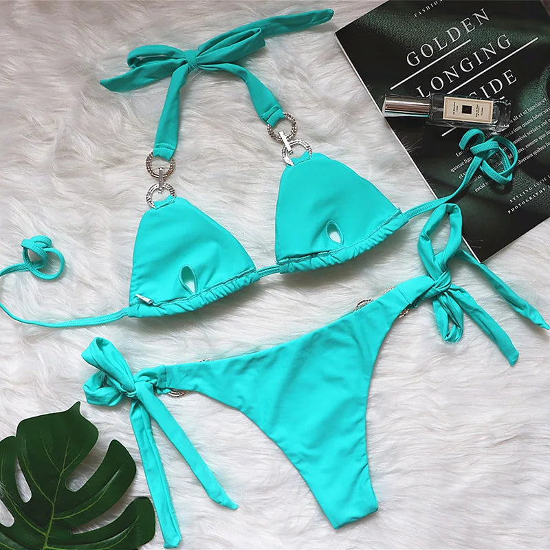 2025 Shiny Rhinestone Diamond Bikini Women Swimsuit Female Swimwear Two Pieces Bikini Set Halter Bathing Suit Swim Beach Wear