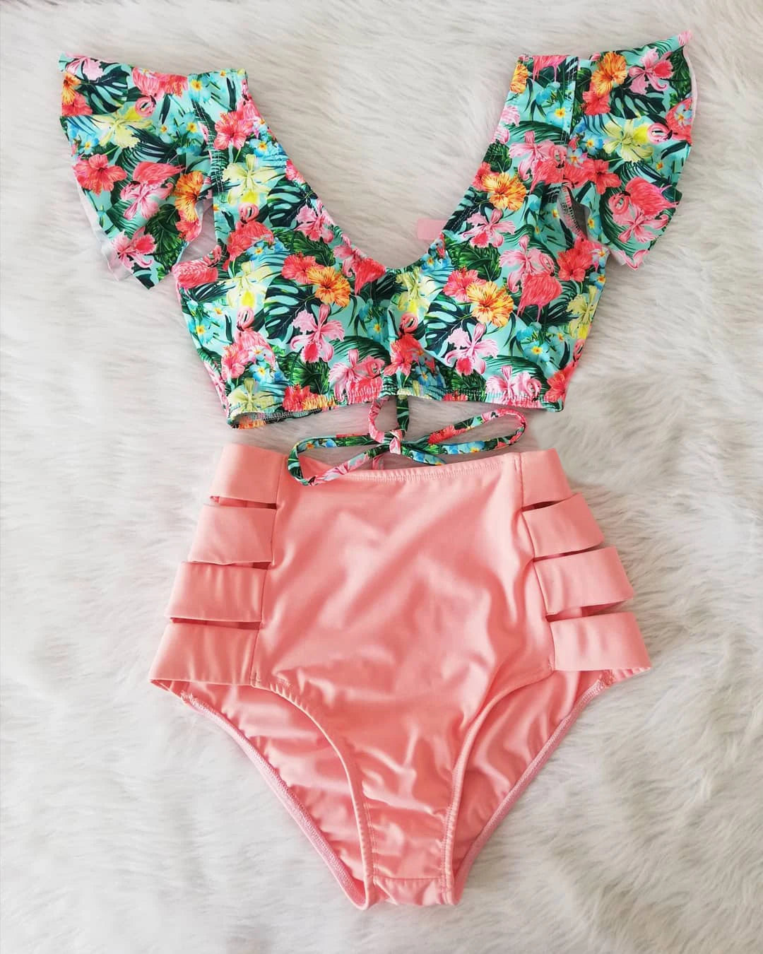 2026 High Waist Bandage Bikini Set For Women Floral Printed Ruffle Bikinis Push Up Strappy Brazilian Biquini Swimwear Swimsuit