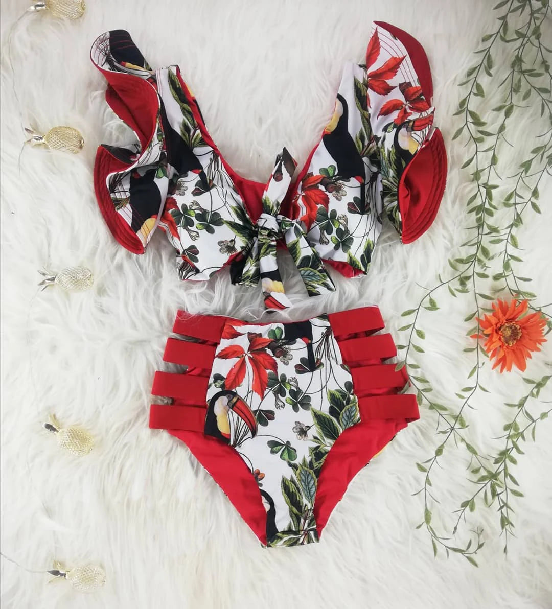 2026 High Waist Bandage Bikini Set For Women Floral Printed Ruffle Bikinis Push Up Strappy Brazilian Biquini Swimwear Swimsuit