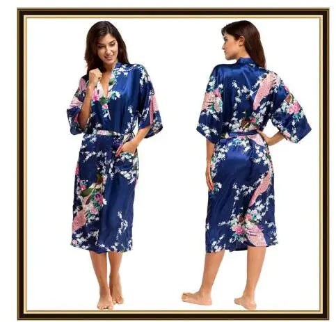 Half Sleeve Loose Style Woman Japanese Kimono Satin Silk Sleepwear Pajamas Peacock Spa Yukata Bathing Robe Lady's Long Dress