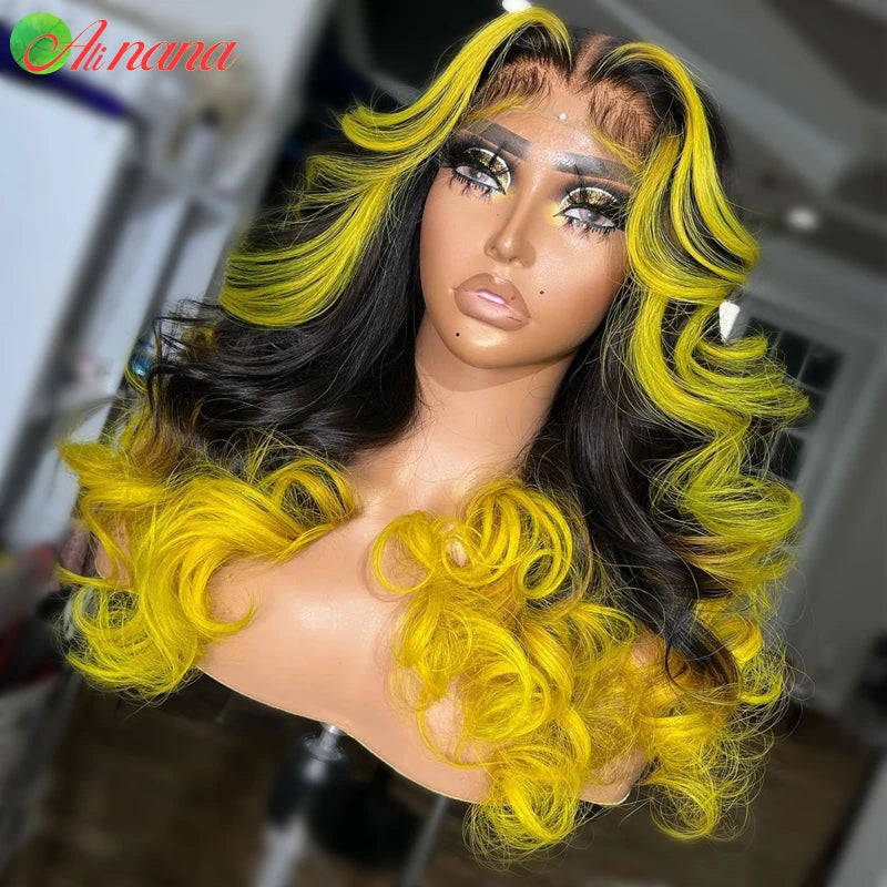 Highlights Yellow Colored Body Wave Wig HD 13x6 Lace Frontal Wig Ombre Pink Pre-Plucked Remy 100% Human Hair Wig For Black Women