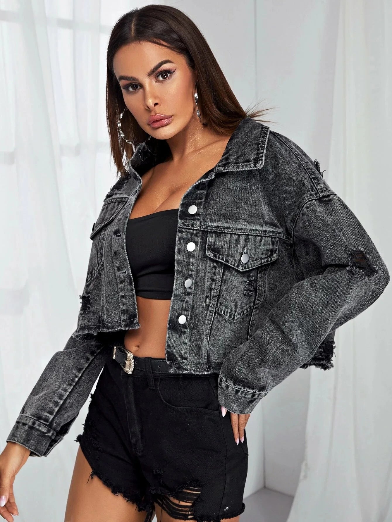 Donsignet Women's Jeans Jacket Spring Autumn New Fashion Burr Hole Coats Button Pockets Long Sleeve Black Casual Tops