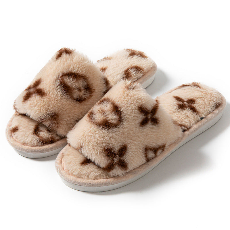 Mao Mao Open-mouth Cross-border Foreign Trade Open-toe Women's Slippers Autumn and Winter Four Seasons Open-mouth Slippers Imitation Rabbit Fur