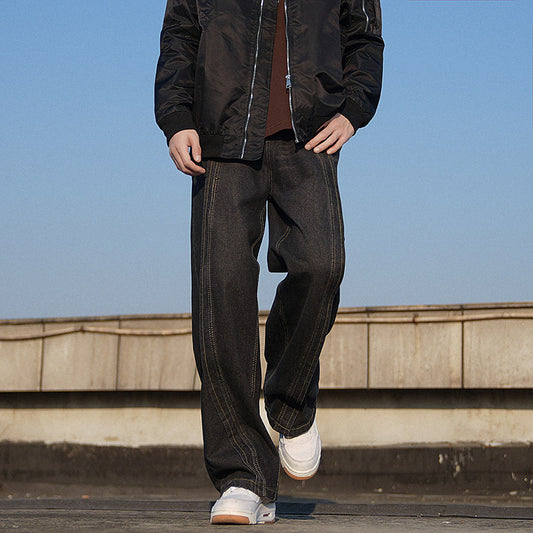 WASSUP NETS Retro Blue Straight Jeans Boys New American Style Spring and Autumn Trendy Casual Wide Leg Pants