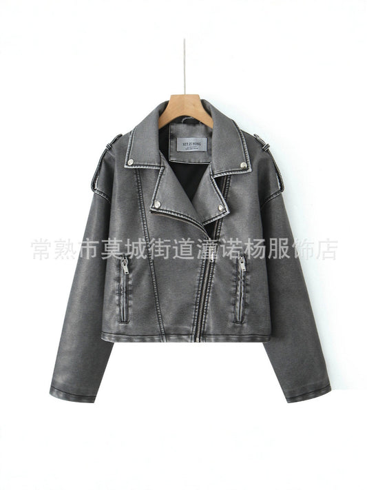 Autumn New American High Street Distressed Imitation Leather Motorcycle Jacket with Zipper Back Short Outwear Top for Women