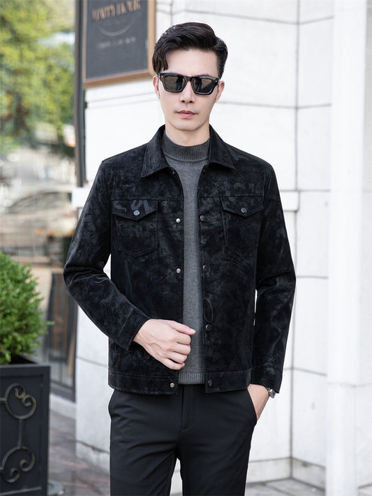 High-end sense printed leather men's coat 2024 spring and autumn new lapel fashion Korean fashion plus size men's leather jacket