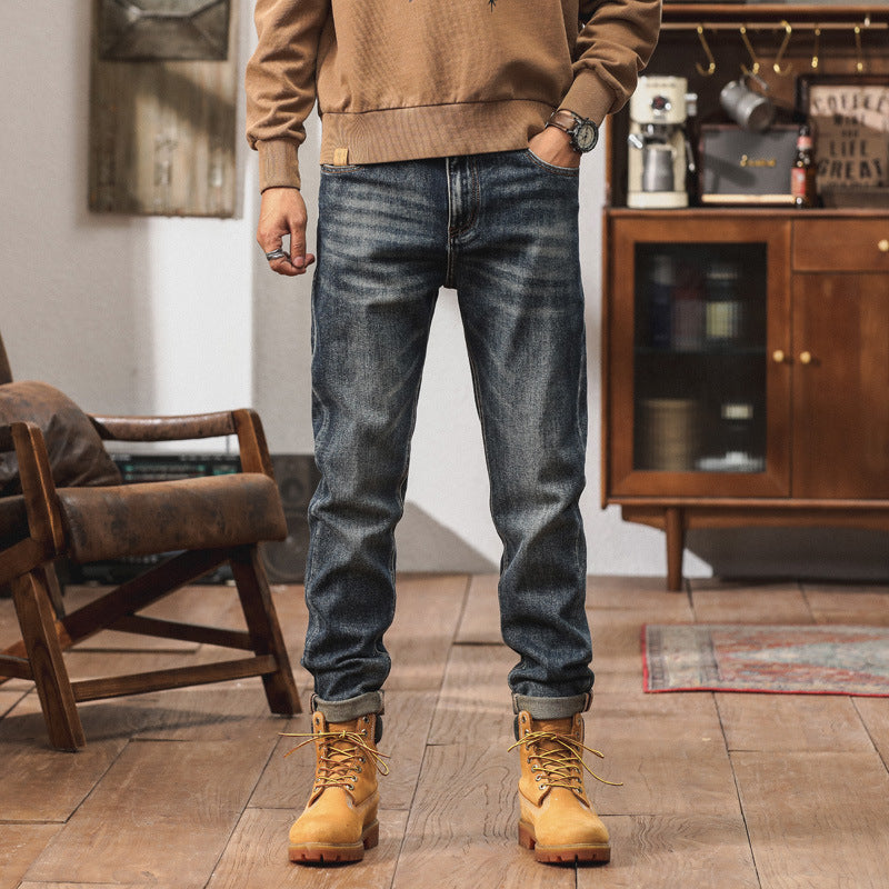 New Autumn and Winter Men's Denim Fashion Trendy Brand Casual Stretch Nostalgic Weiha Small Straight Jeans for Young Men