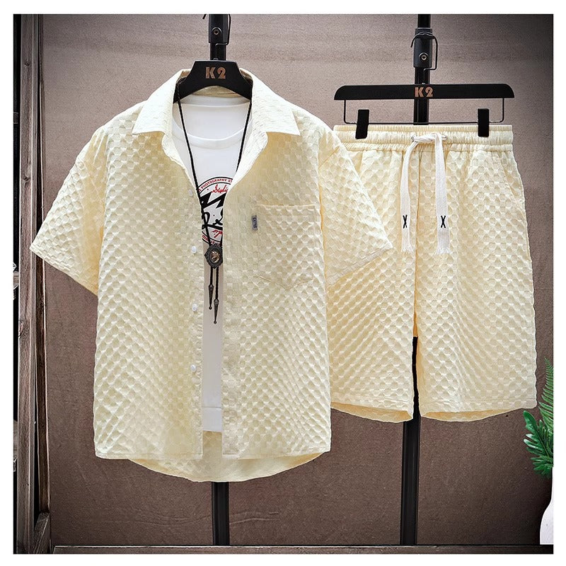 Thin sports leisure two-piece 2024 summer ice silk suit men's ruffian handsome fashion short sleeve shirt shorts set