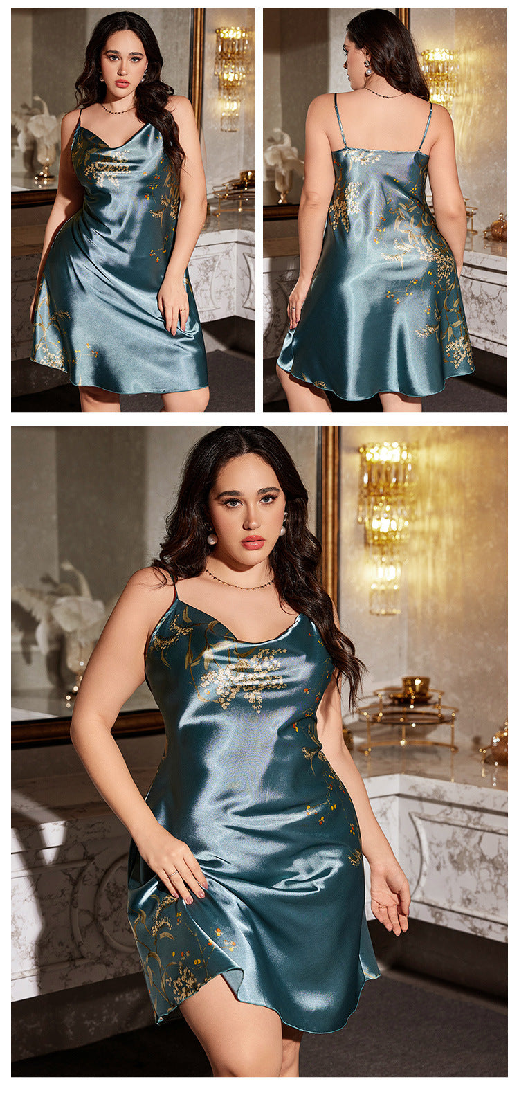 Plus Size 3XL 4XL 5XL Chemise Nightgown Summer New Female Satin Sleepwear Sexy Print Flower Strap Nightdress Homewear Negligee