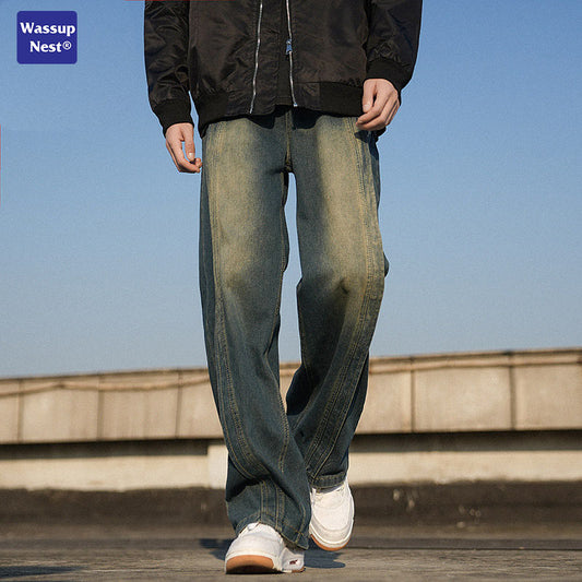 WASSUP NETS Retro Blue Straight Jeans Boys New American Style Spring and Autumn Trendy Casual Wide Leg Pants