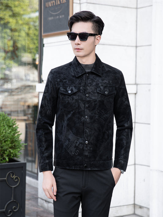 High-end sense printed leather men's coat 2024 spring and autumn new lapel fashion Korean fashion plus size men's leather jacket