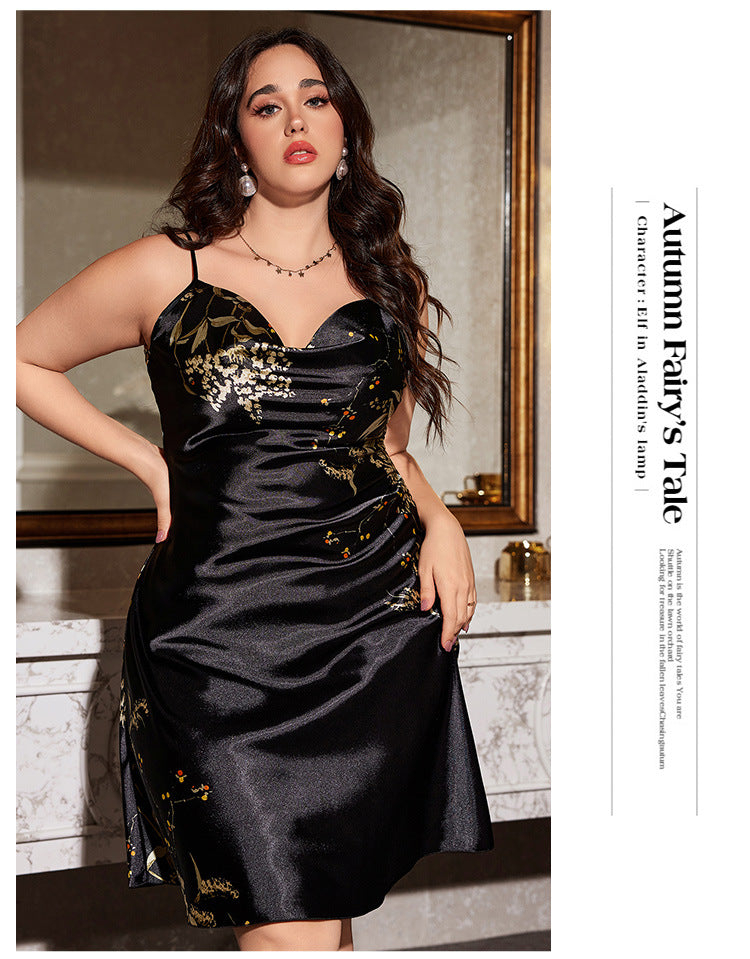 Plus Size 3XL 4XL 5XL Chemise Nightgown Summer New Female Satin Sleepwear Sexy Print Flower Strap Nightdress Homewear Negligee