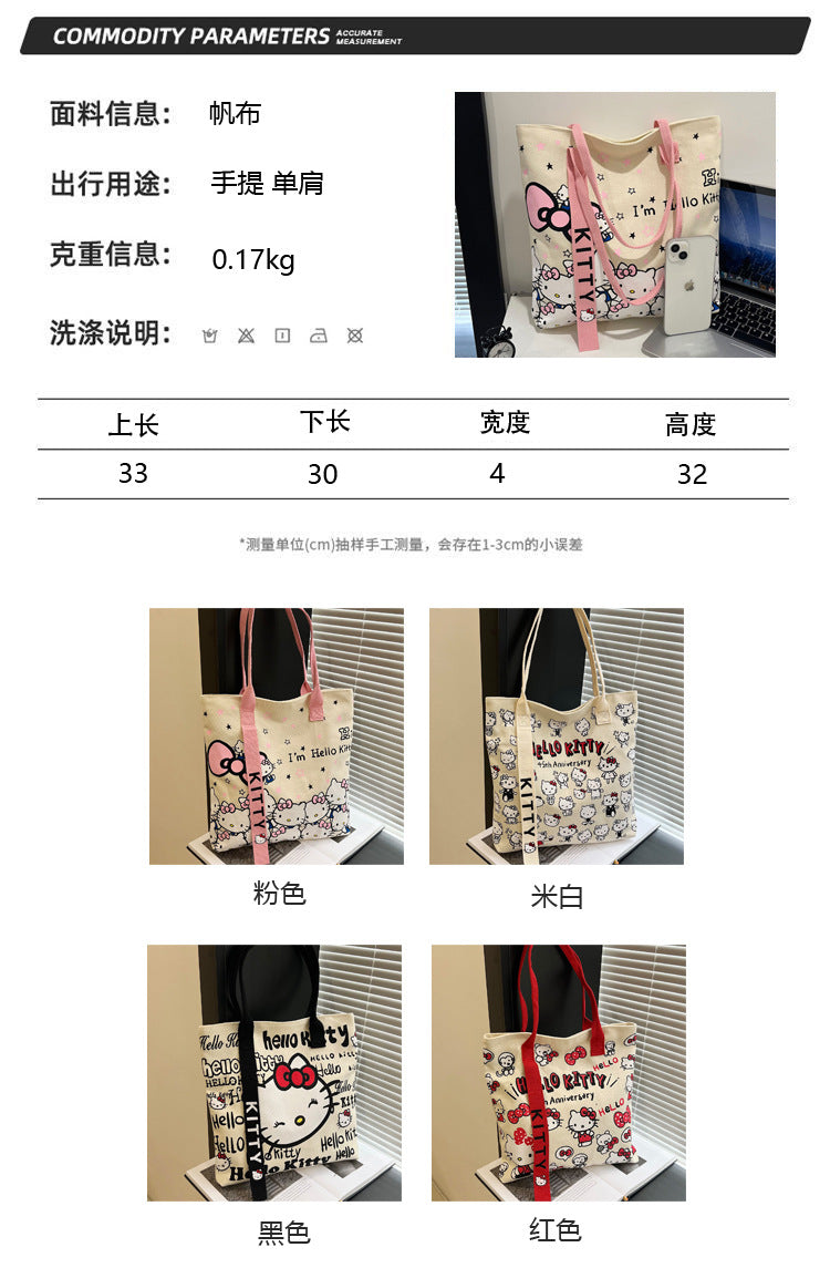 New Model Hello Kitty Cartoon Canvas Bag Cute Commuter Versatile One-Shoulder Tote Bag Large-Capacity Storage Bag