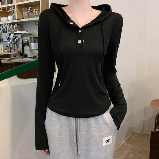 Casual Hooded Sports Sweater Women's Autumn Irregular Design Slim-fit Slimming Short Shoulder Top Base Shirt