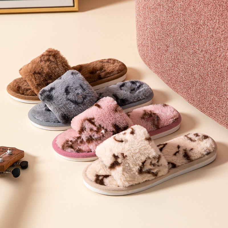 Mao Mao Open-mouth Cross-border Foreign Trade Open-toe Women's Slippers Autumn and Winter Four Seasons Open-mouth Slippers Imitation Rabbit Fur