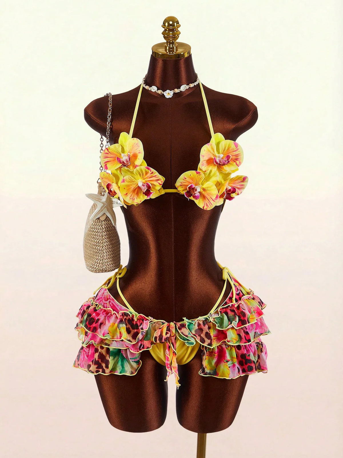 Sexy Pink 3D Floral Bikini Set Women Mesh Ruffle Cover Up 3 Piece Swimsuit 2026 Summer Push Up Bra Bathing Suit Holiday Swimwear
