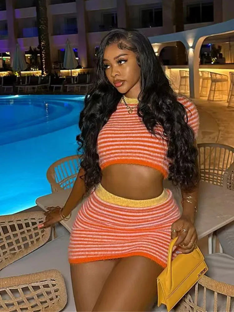 Weird Puss Crochet Stripe 2 Piece Set Women o-Neck Short Sleeve Crop Tops+Contrast Skinny Skirts Hottie Vacation Casual Outfits