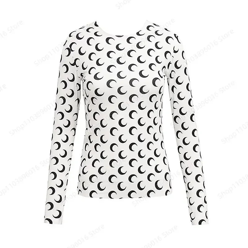 Moon Printed Tshirt Graphic Top for Women Stretchy Slim Korean Fall Spring Long Sleeve Tees Y2k Grunge T-Shirt 2000s Clothes