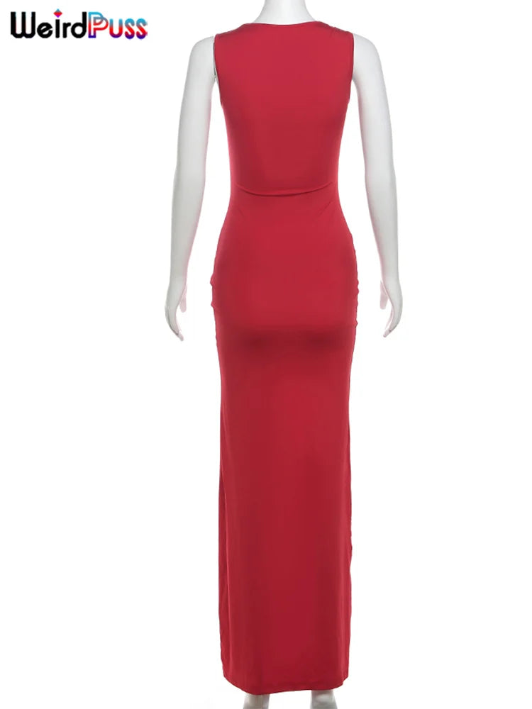 Weird Puss Solid Maxi Dress Woman Summer Sexy Sleeveless Low Chest Simple Elegant Smooth Fashion Party Evening Skinny Vestidos