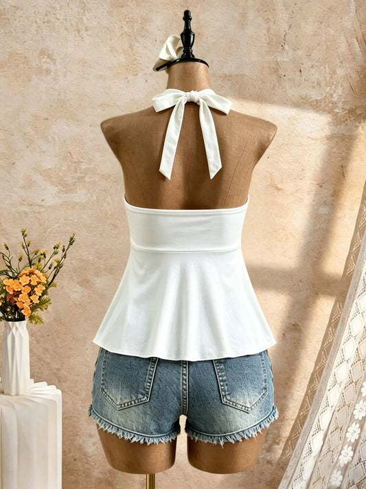 Women Halter Deep V Neck Front Tie Peplum Camisole 2026 Summer Y2K Going Out Casual Streetwear Tank Tops