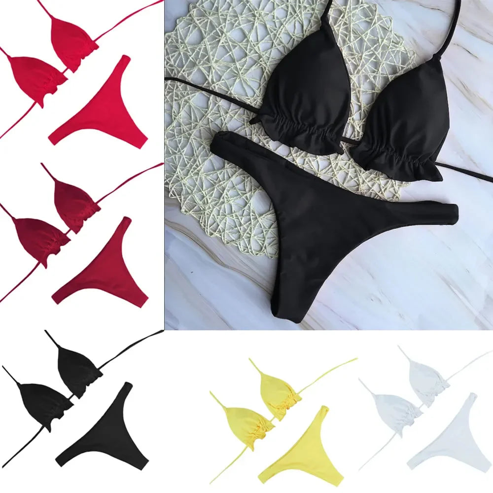 Summer Brazilian Bikini Set Women Sexy Bandage Top Thong Bottom Set Push-up Swimwear Lace Up Swimsuit Beachwear