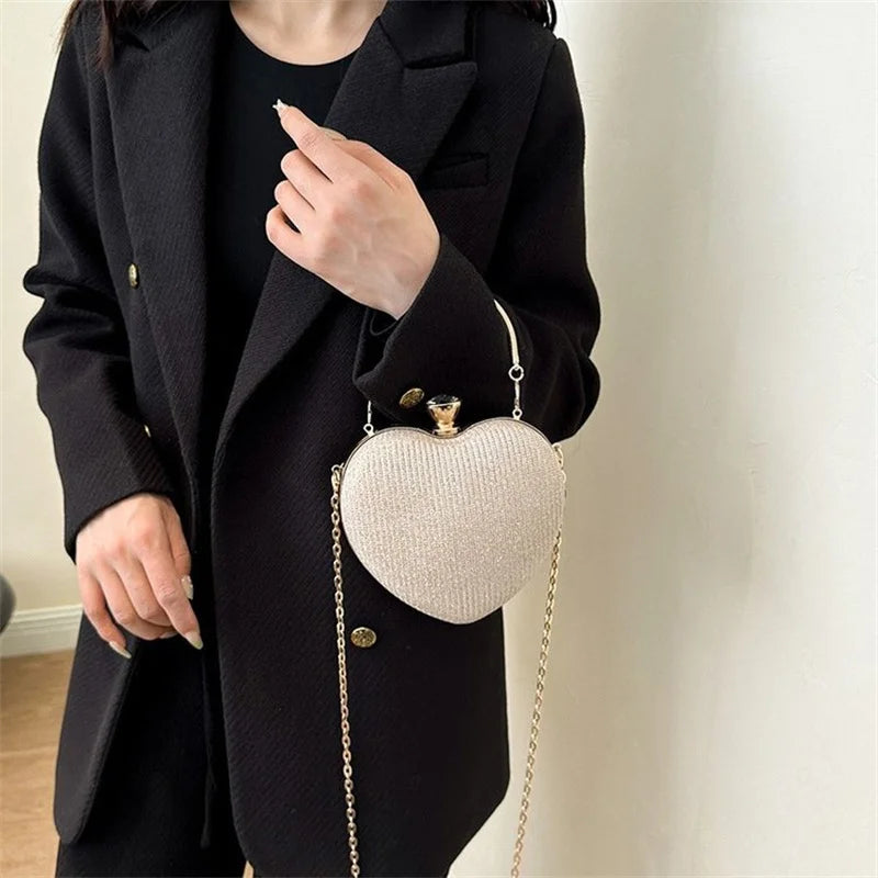 Evening Clutch Bag For Women Shiny Heart Shape Metal Clutch Chain Shoulder Purse