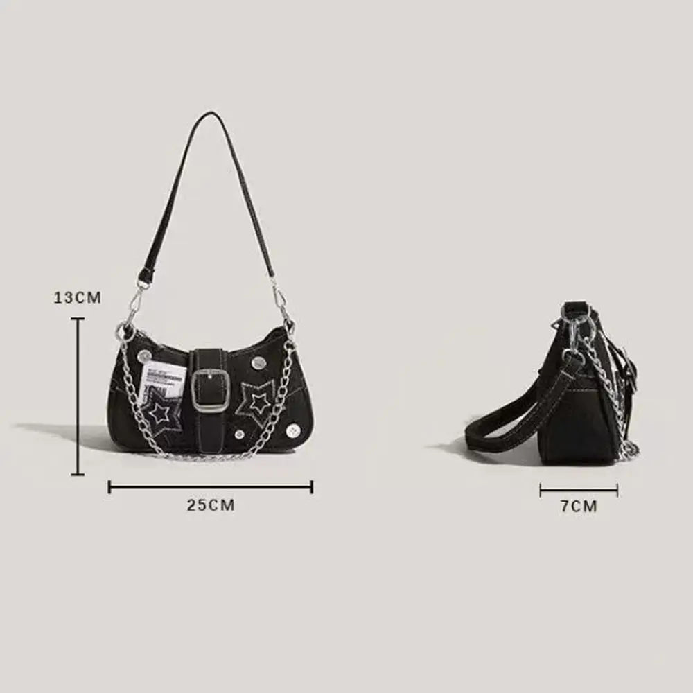 Y2K Canvas Chain Shoulder Bag jeans Stars Pattern Underarm Bag Women's Handbag for Woman Girls