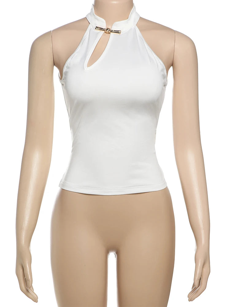 Weird Puss Cheongsam Buckle Tank Tops Women Y2K Summer Trend Basic Classic Hollow Solid Simple Street Stretch Daily Chic Vest